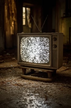 Old TV with static screen in abandoned building used for spooky concepts photo