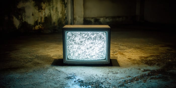 Old TV showing static noise in dark basement, for mystery, thriller projects photo