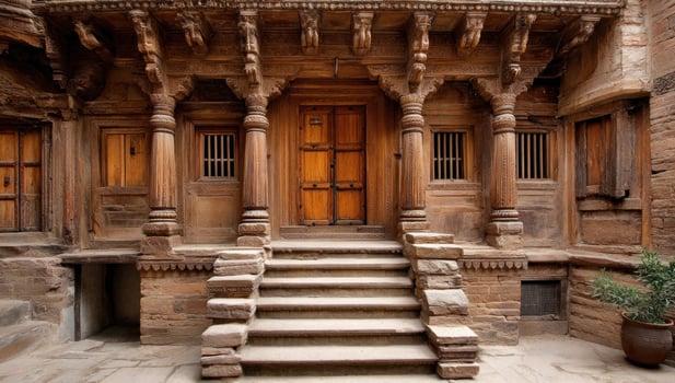 Ornate wood entry, India home facade, stairs invite entry, historic district photo