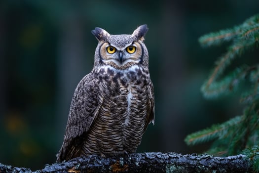 Owl perched on a branch, staring intensely in a dark forest. Wildlife usage photo