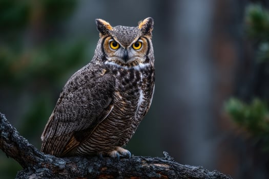 Owl perched on branch, looking forward, in nature, wildlife concept use photo