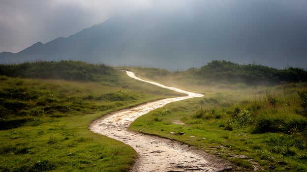 Winding Trail Through Misty Mountains and Green Hills. photo