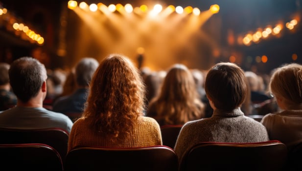People watch show in theater with stage lights shining, for entertainment use photo