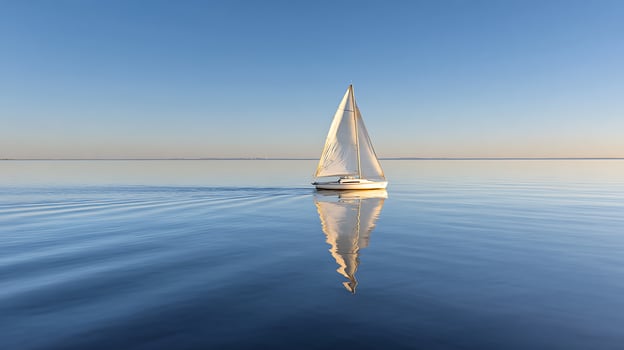 A sailboat floating on calm water with a reflection photo