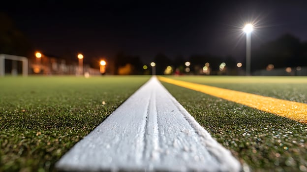Soccer field lines glow under stadium lights at night. photo