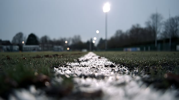 Football pitch line illuminated by stadium lights on a dim day. photo