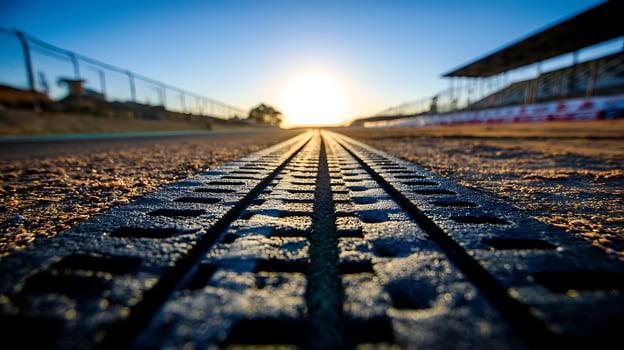 Sunrise Over Empty Race Track Through A Drain Grate. photo
