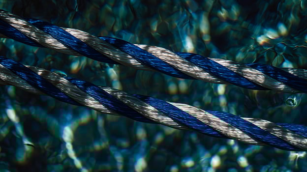 Close up shot of two blue and silver ropes against a blurred water background. photo