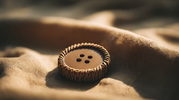 Close up of a single brown button on textured fabric. photo