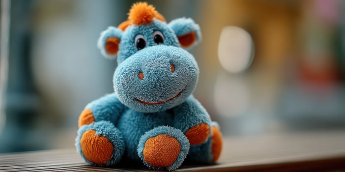 Plush Hippo sitting, smiling on the table with blurred building background photo