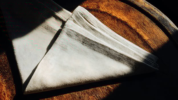 Luxurious White Napkin Folded on a Rich Wooden Table with Dramatic Sunlight. photo