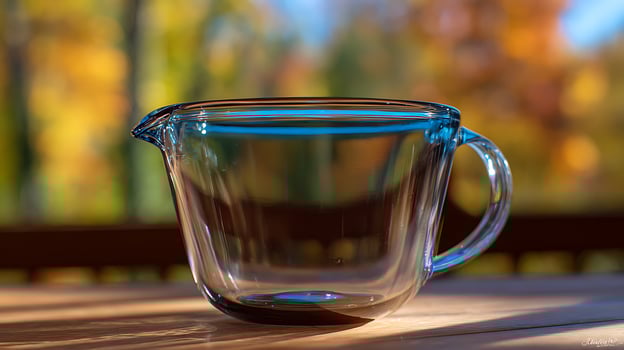 Clear Glass Pitcher on Wooden Table with Autumn Background. photo