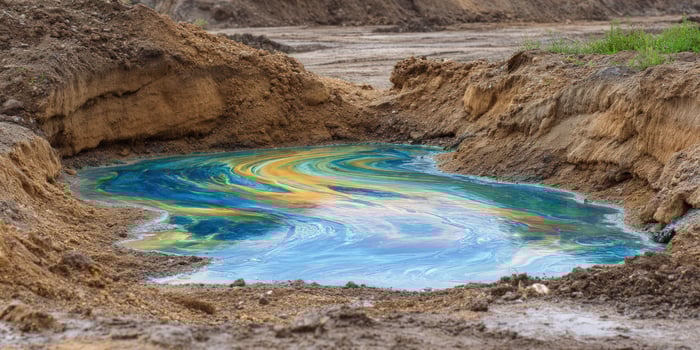 Polluted water surface in a mud hole for environmental pollution concept photo