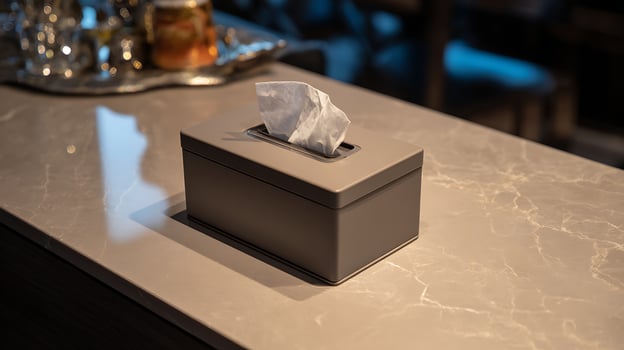 Close up of a modern tissue box on a marble surface with soft lighting. photo