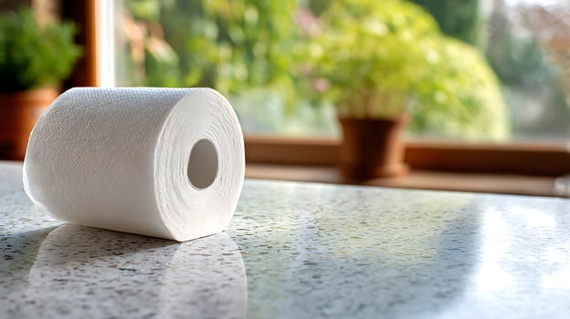 A Roll of Toilet Paper on a Table with a Blurred Green Garden View. photo