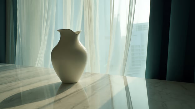 Elegant White Vase Bathed in Sunlight by the Window. photo
