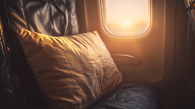 Cozy Airplane Seat with Golden Hour Sunset View. photo