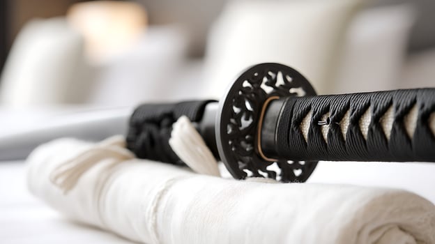 Close up of a samurai sword hilt with wrapped handle on a light surface. photo