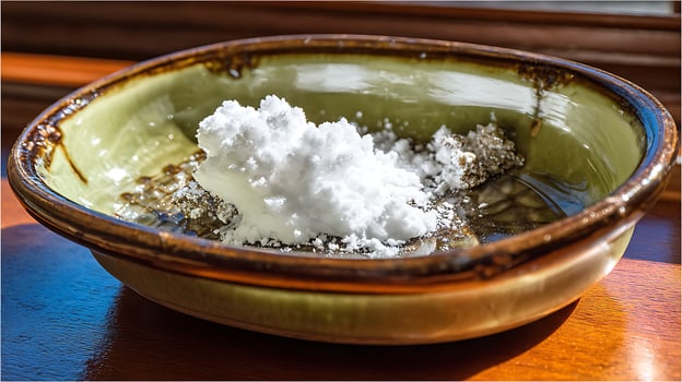 Close up of white powder and crystals in a ceramic bowl. photo