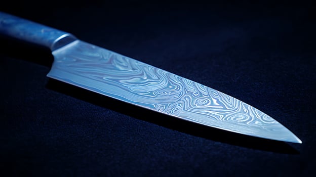 Exquisite Damascus Steel Knife Blade with Blue Tinted Lighting. photo