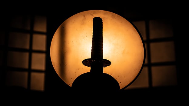 Samurai Sword Silhouette Against Warm Light and Window Grid. photo