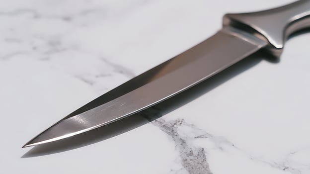 Sharp Steel Knife Blade on Elegant Marble Surface. photo
