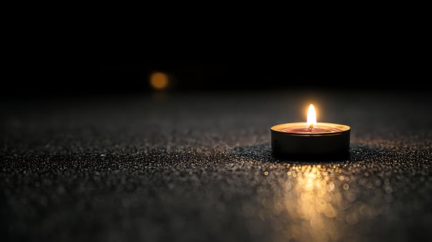 Single Candle Glows in the Dark with Reflecting Light. photo