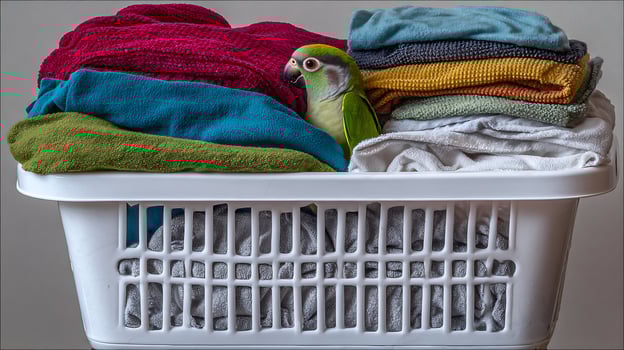 Curious Parrot Peeks Out From A Laundry Basket Full Of Fresh Towels. photo