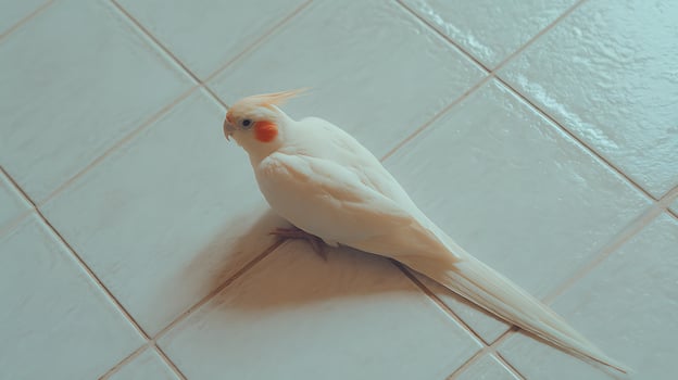 Adorable White Cockatiel Parrot Poses on Tiled Surface. photo