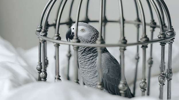 A Sad Grey Parrot Trapped Inside an Ornate Metal Birdcage. photo