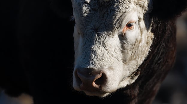 Close up of a Hereford Bull's Face with Striking Blue Eye. photo