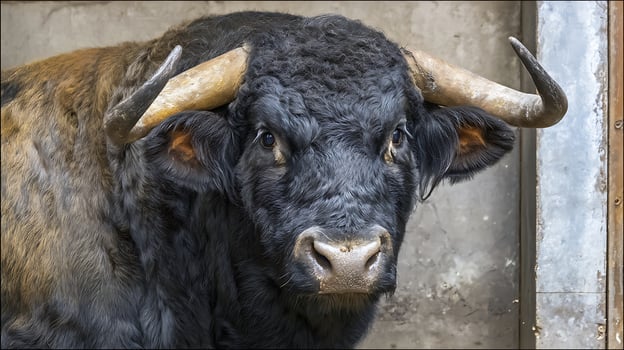 Majestic Bull with Powerful Horns and Shaggy Coat Ready for Action. photo