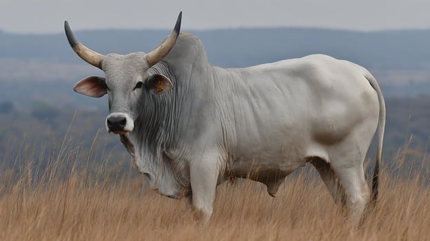 Majestic Brahman Bull Stands Proudly in Tall Grass Fields. photo