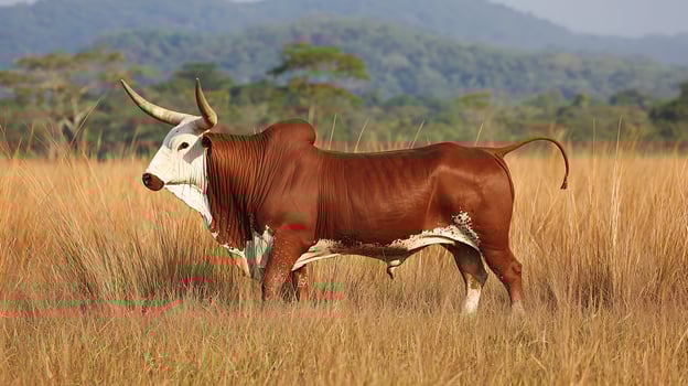 Majestic Watusi Bull Stands Proudly in Golden Grass Field. photo