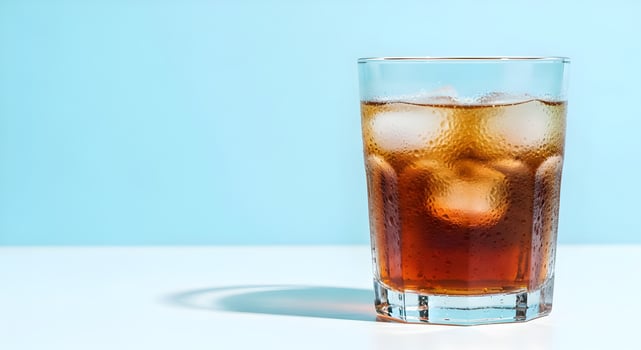 A glass of cola with ice on a blue background photo