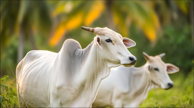 Gentle Giants Serene White Cattle in a Sunlit Green Pasture. photo