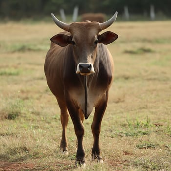 Majestic Brown Bull Stands Tall in a Sunny Dry Field. photo