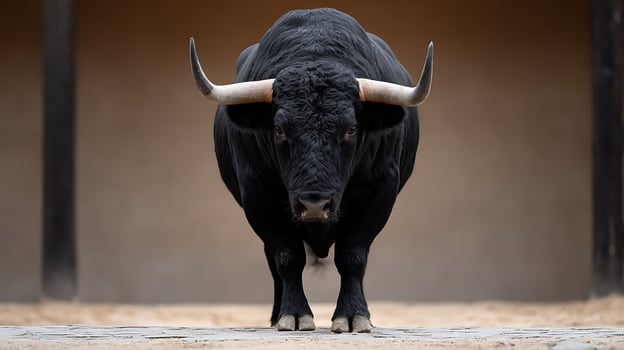 Majestic Black Bull Standing Strong with Powerful Horns. photo