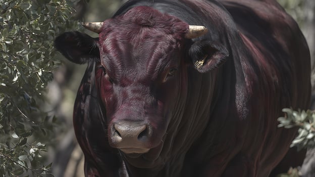 Powerful Bull with Majestic Horns and Intense Gaze in Natural Setting. photo