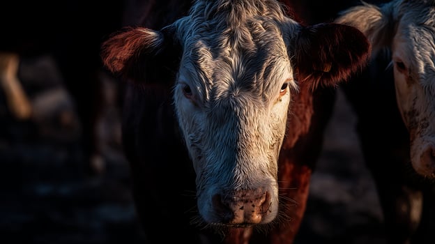 Majestic Hereford Cow's Face Caught in Golden Hour Light. photo