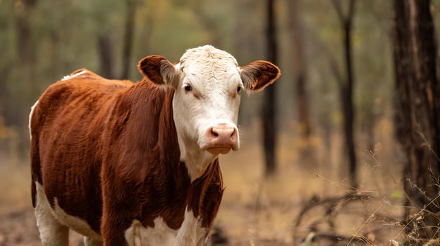 Close up of a friendly brown and white cow in a natural setting. photo
