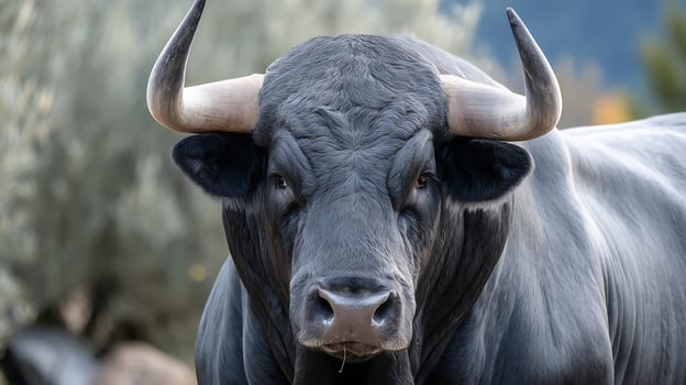 Majestic Bull Portrait with Intense Gaze and Powerful Presence. photo