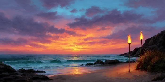 Relaxing evening scene of a beach with tiki torches at sunset for travel ads photo