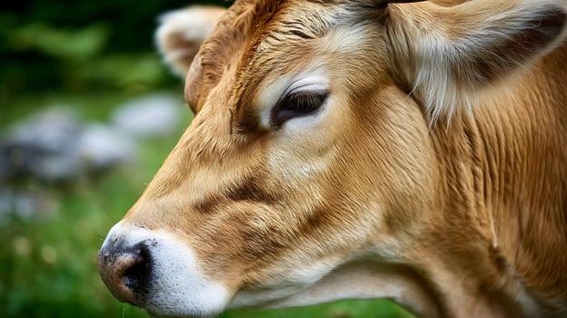 Gentle Giant's Gaze Close Up of a Peaceful Brown Cow in a Field photo