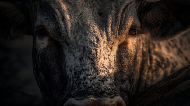 Intense Gaze of a Cattle Portrait Captured in Dramatic Light. photo