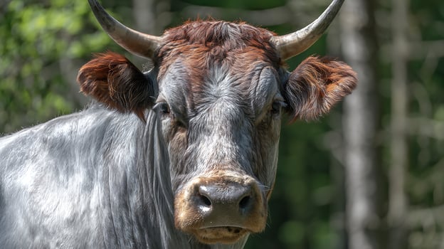 Close up portrait of a longhorn cow with a fuzzy coat and large horns. photo