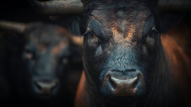 Intense Gaze of a Powerful Bull with Another Bull in the Background. photo