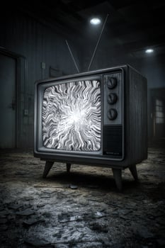 Retro TV emits signal in a grungy room. Media, tech, history, entertainment photo