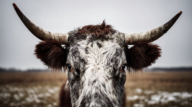 Majestic Cow's Portrait with Impressive Horns and Intense Gaze photo