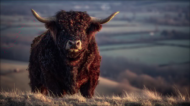 Majestic Highland Cow Standing Proudly on a Grassy Hilltop at Dawn. photo